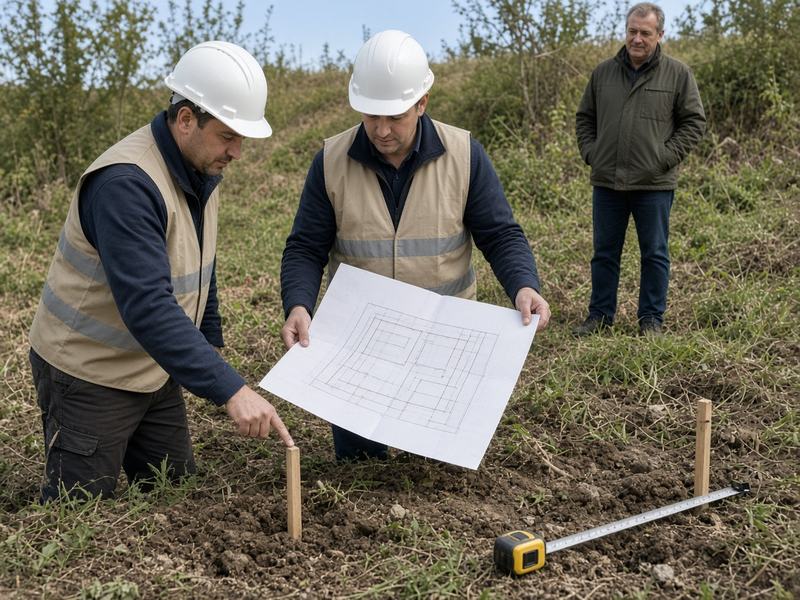 Инженеры сверяют план границ с колышком на углу участка