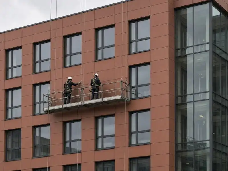 Монтаж плит фасада с люльки рядом со стеклянным лобби