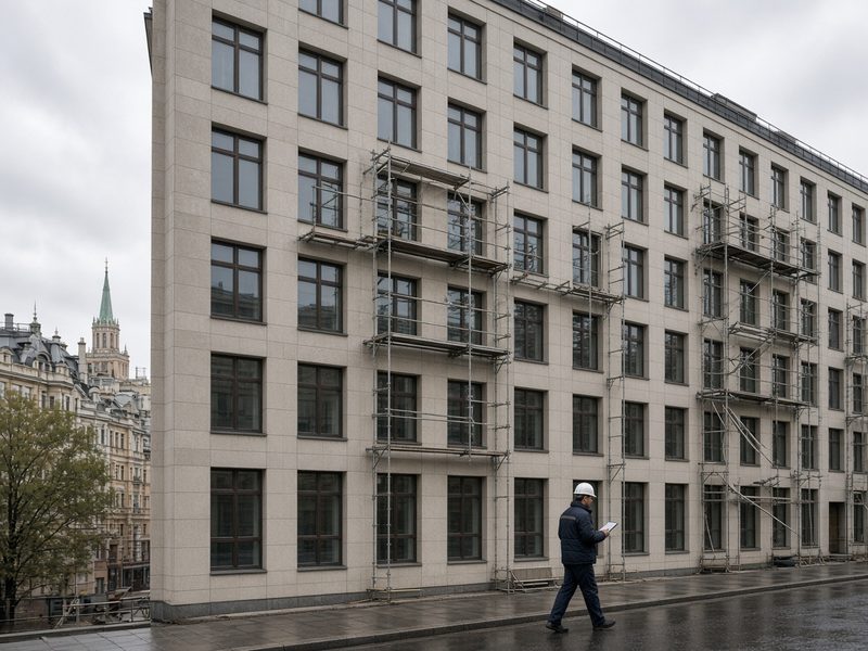 Почти готовое здание гостиницы и проверяющий с планшетом