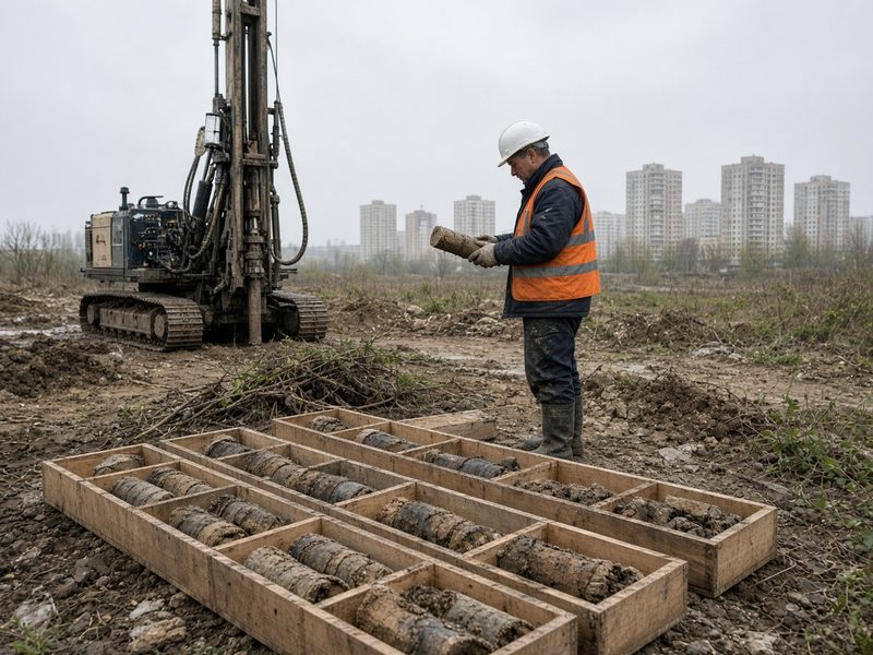 Буровая установка и керн грунта на площадке изысканий