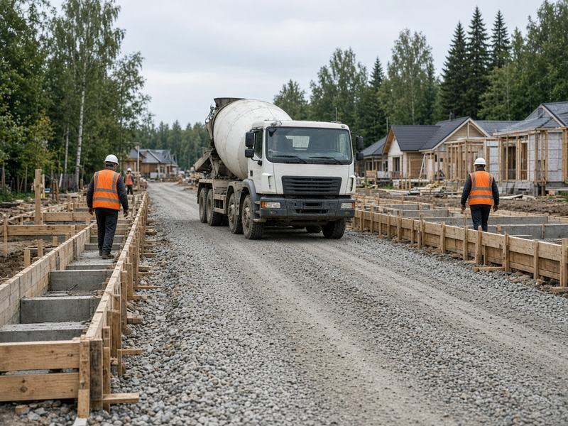 Бетономешалка на щебёночной улице посёлка у фундаментов