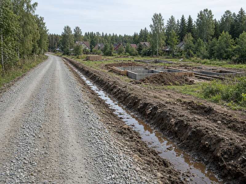 Гравийная дорога выше фундаментов и канава с водой