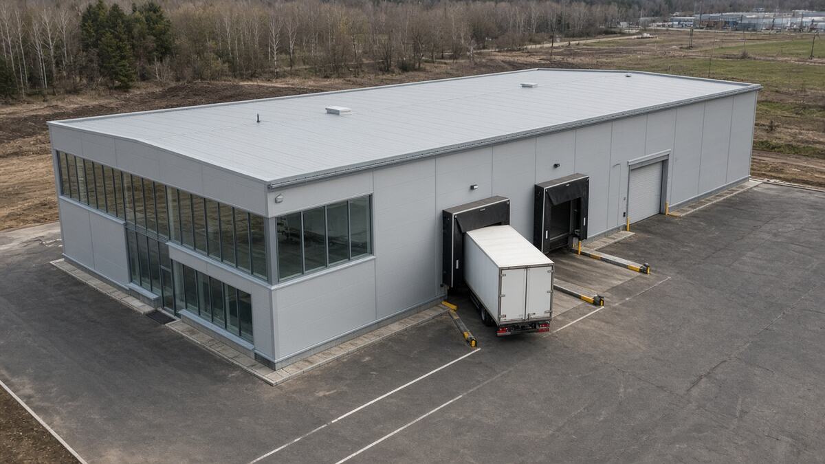 Девелопмент light industrial: корпус с офисными окнами, доком и воротами в уровне пола