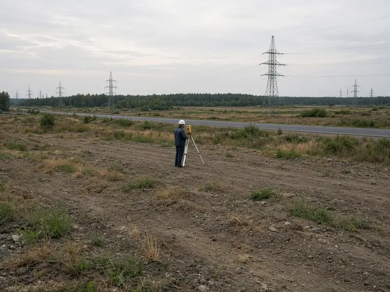 Геодезист на пустом участке у дороги и линии электропередачи