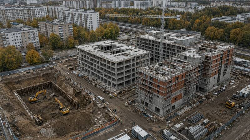 Девелопмент недвижимости под ключ: площадка жилого квартала, котлован, каркас и фасад одновременно
