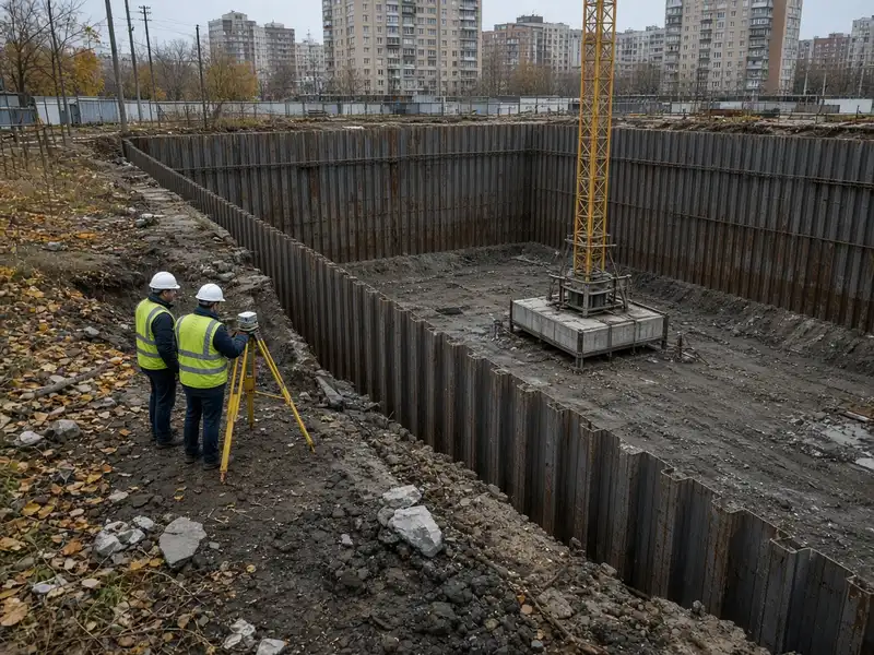 Котлован жилого дома со шпунтовым ограждением и геодезистом