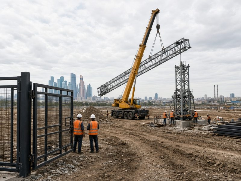 Ворота площадки и монтаж башенного крана в начале стройки