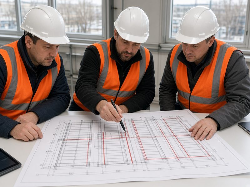 Инженеры разбирают план склада со стеллажами и отсеками