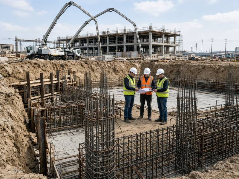 Котлован и арматура первой очереди, инженеры на бровке