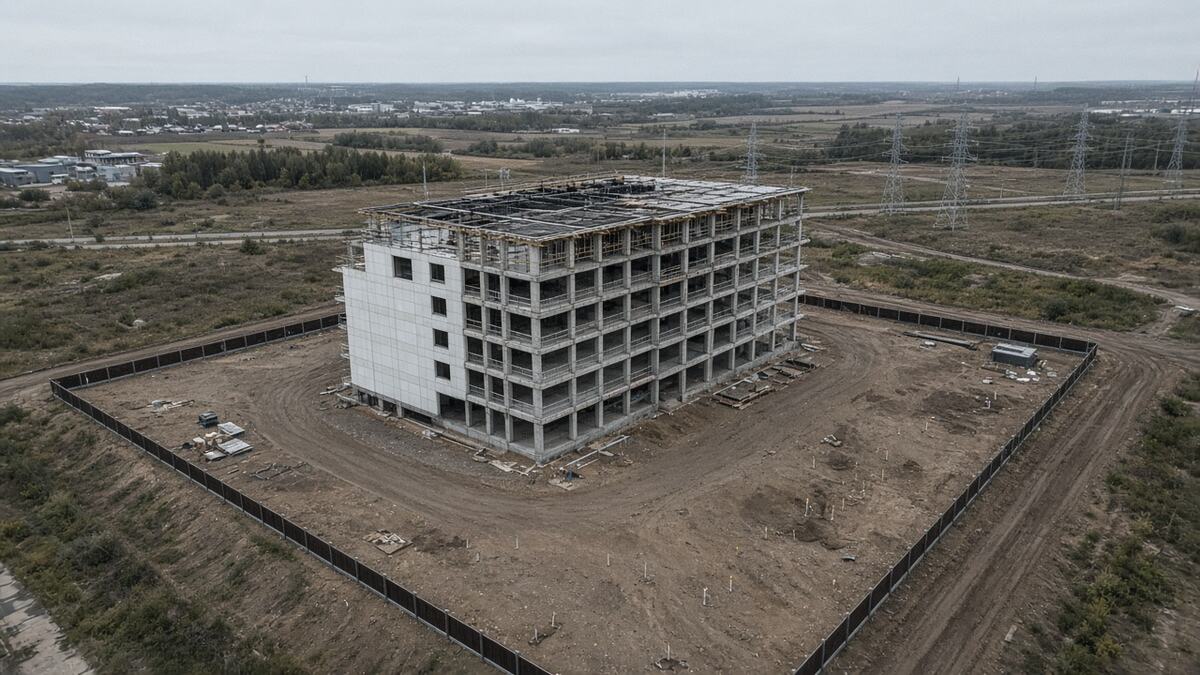 Девелопмент земельных участков: каркас административного здания на огороженном участке, за дорогой линия электропередачи