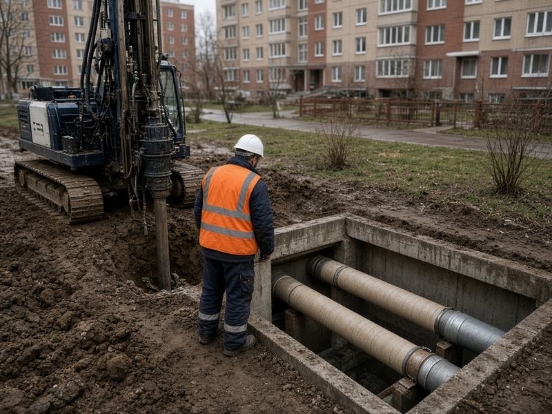 Буровая установка и тепловая камера на краю участка квартала