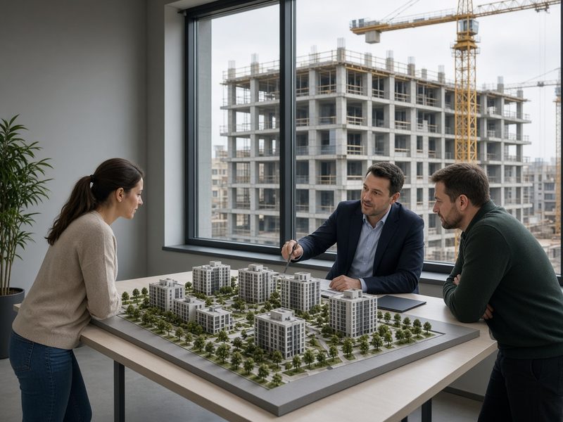 Офис продаж с макетом квартала и стройкой за окном