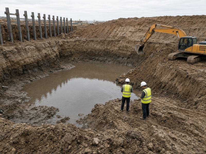 Вода в котловане, экскаватор стоит, двое смотрят на забой