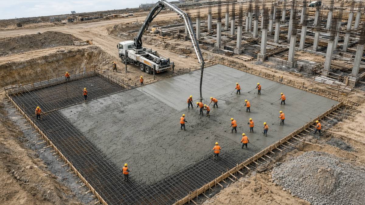 Фундамент плита: заливка монолитного основания бетононасосом