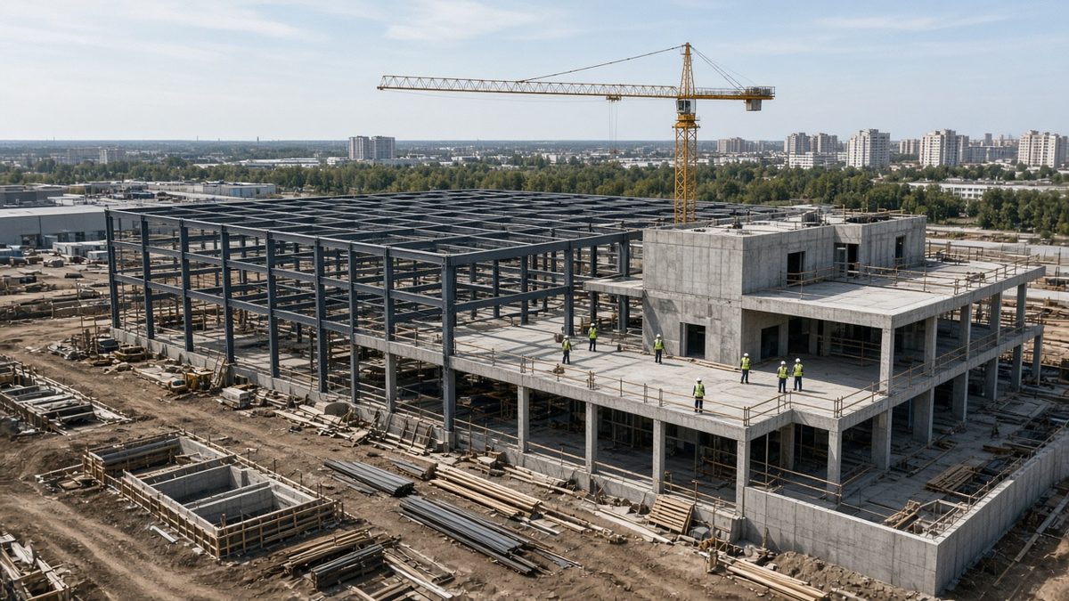 Генподряд строительства: каркас корпуса, кран и люди на площадке