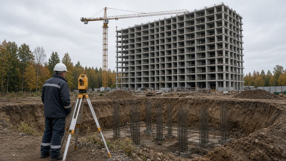Инвестиционно-строительный проект: котлован и каркас жилого дома на площадке