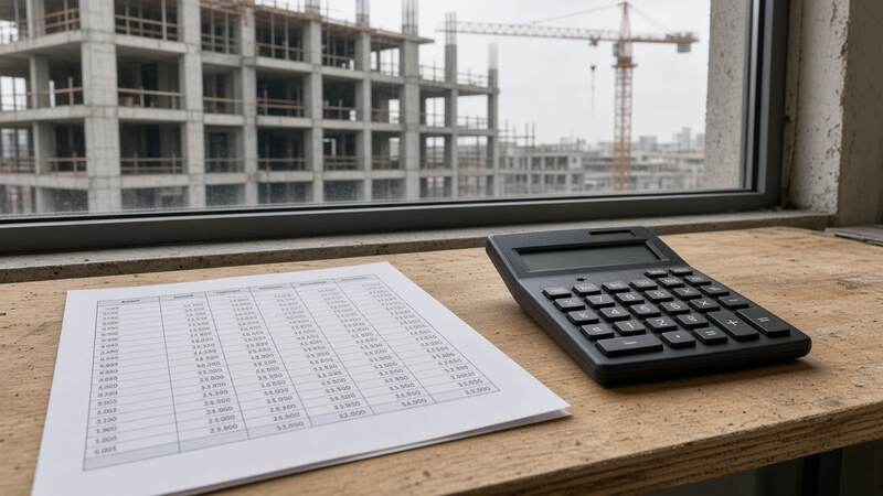 Стол в бытовке с расчётом кредита, за окном каркас дома без офиса продаж
