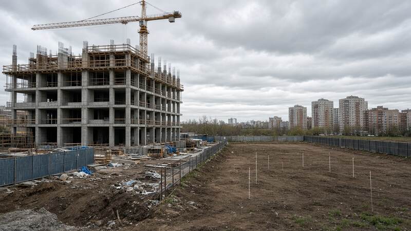 Слева растущий каркас дома, справа пустой участок только с колышками разбивки
