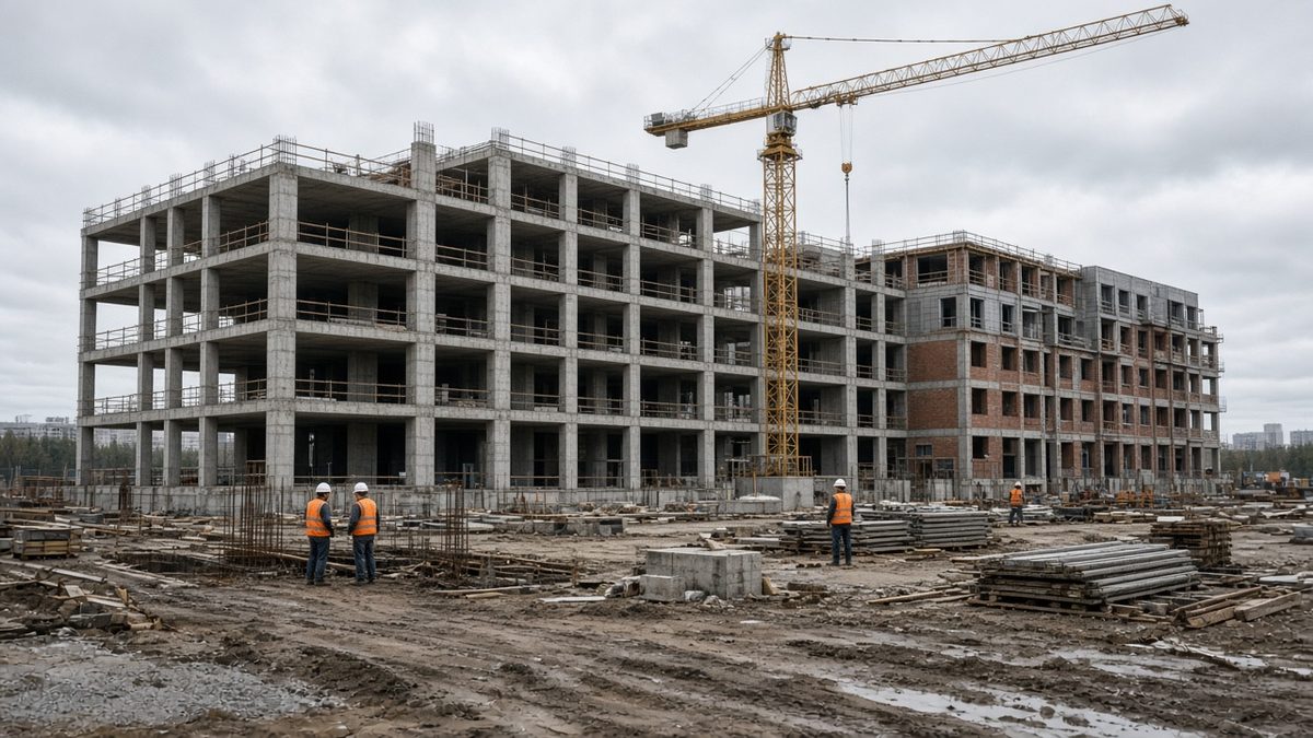 Капитальное строительство: монолитный каркас здания и кран на площадке