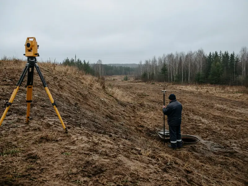 Нивелир на склоне участка и колодец в нижней точке