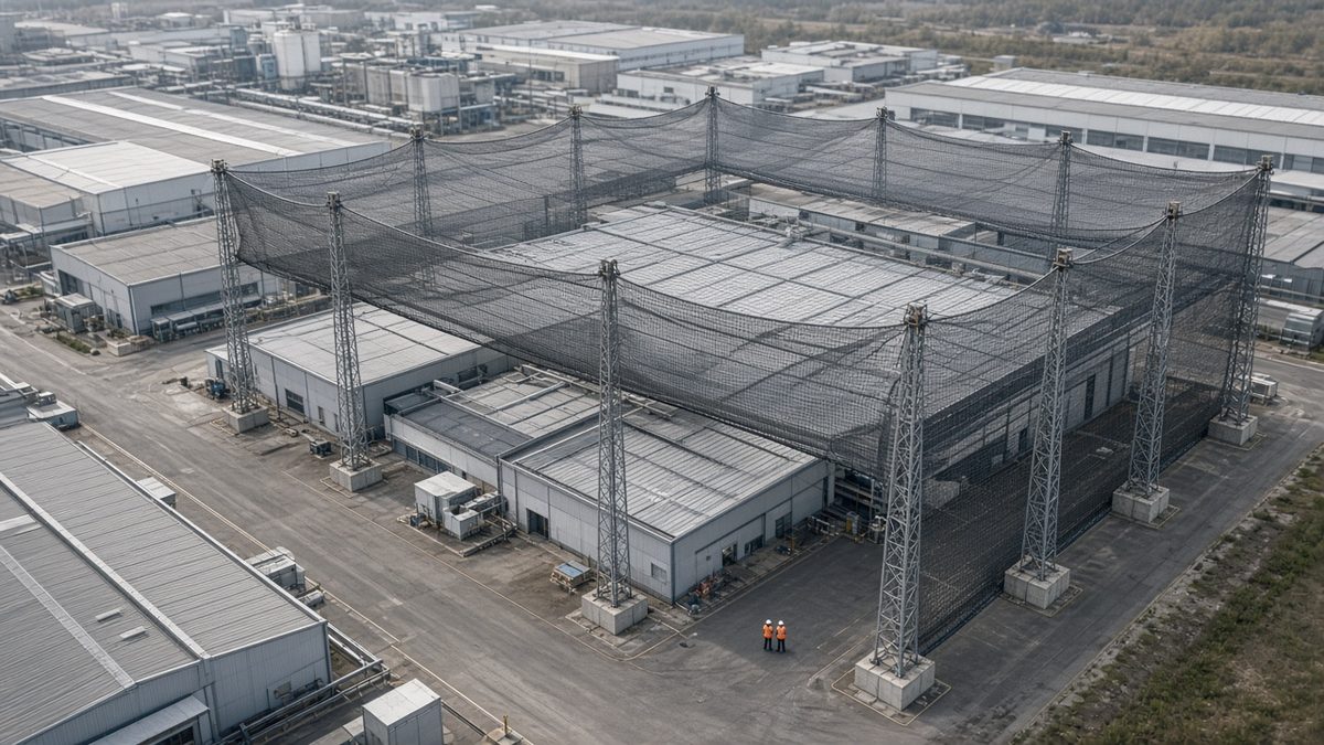 Пассивная защита от БПЛА: сетка на опорах над кровлей и стенами промышленной площадки