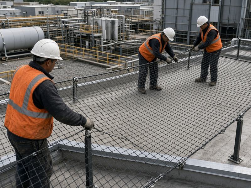 Бригада натягивает мелкоячеистое полотно на тросовый каркас