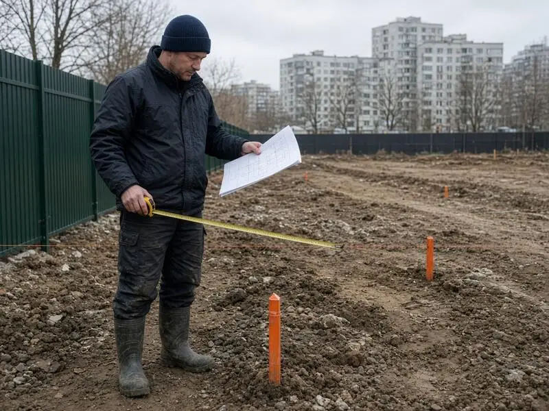 Геодезист мерит отступ от забора до кола на пустом участке