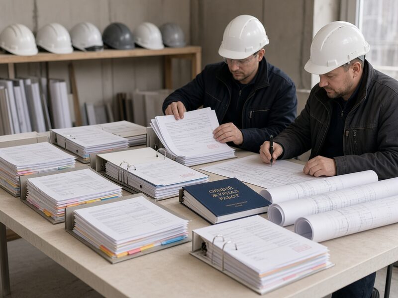 Два инженера в касках раскладывают исполнительную документацию: папки с закладками, рулоны чертежей и общий журнал работ