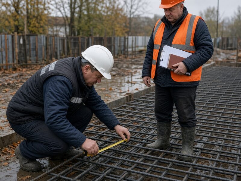 Инженер в каске рулеткой проверяет шаг арматурной сетки, рядом инспектор в оранжевой каске с планшетом