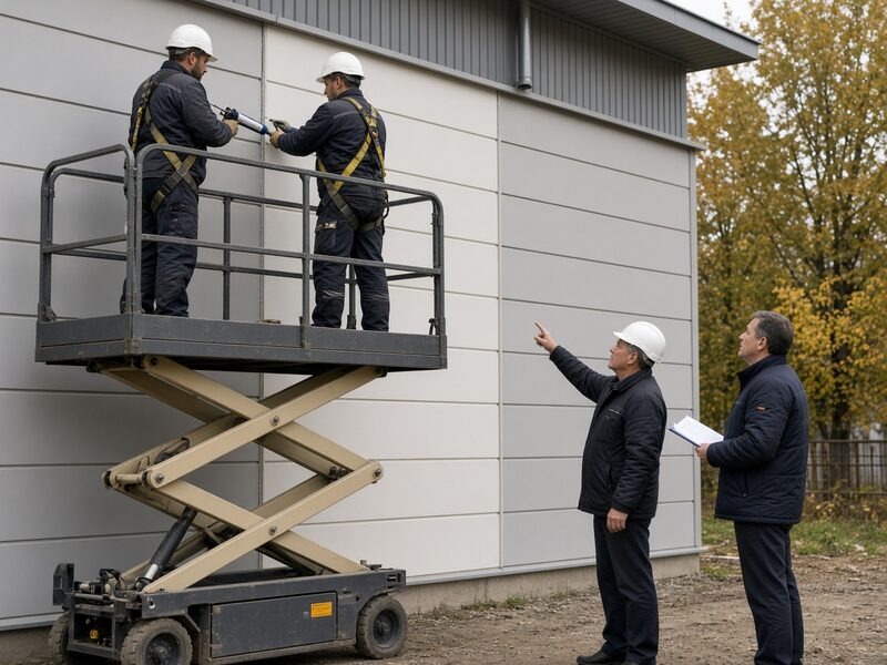 Двое монтажников на ножничном подъёмнике герметизируют вертикальный шов между фасадными панелями, двое специалистов внизу показывают на шов