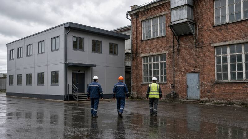 Новый бытовой корпус из серых панелей стоит рядом со старым кирпичным цехом