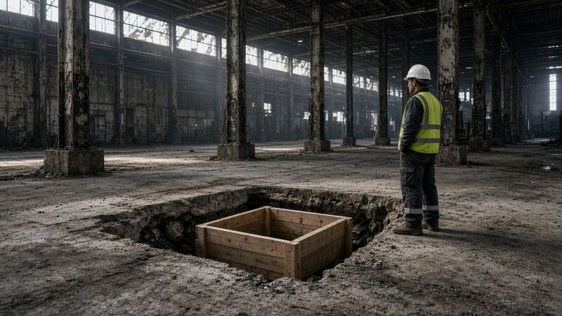 Геодезист у выреза в старом полу цеха, в вырезе опалубка нового фундамента