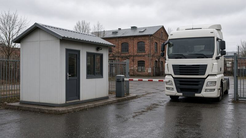 Фура стоит у шлагбаума и будки на въезде заводской площадки