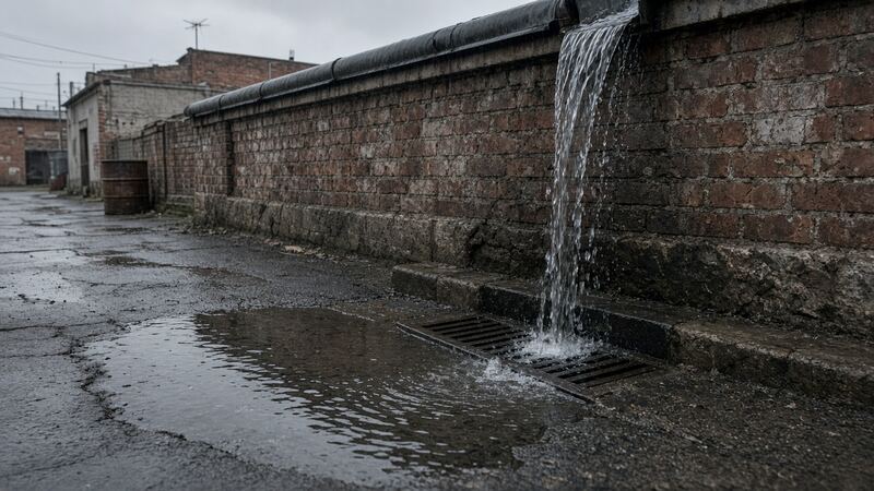 Вода с карниза кирпичного цеха падает в решётку двора