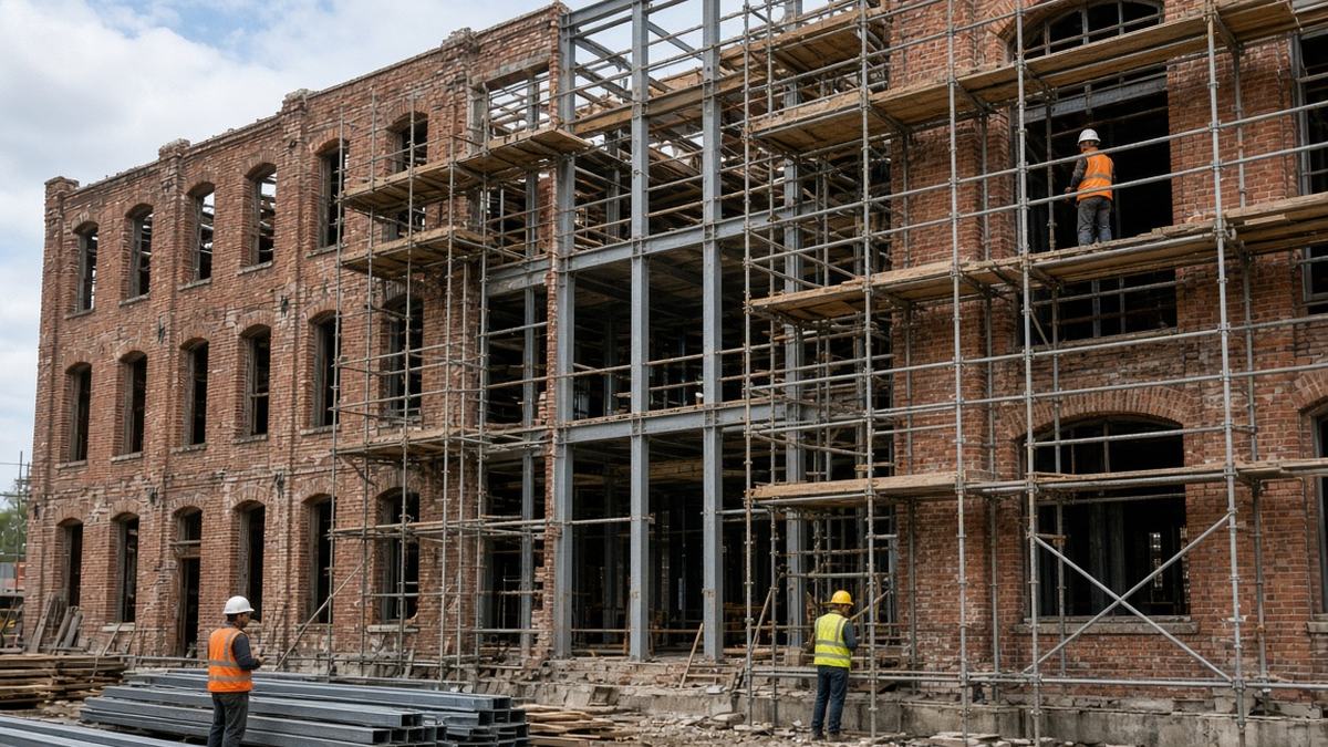 Реконструкция промышленных зданий: леса у старого кирпичного цеха