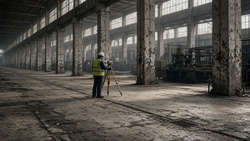 Геодезист с нивелиром на старом полу цеха между бетонными колоннами