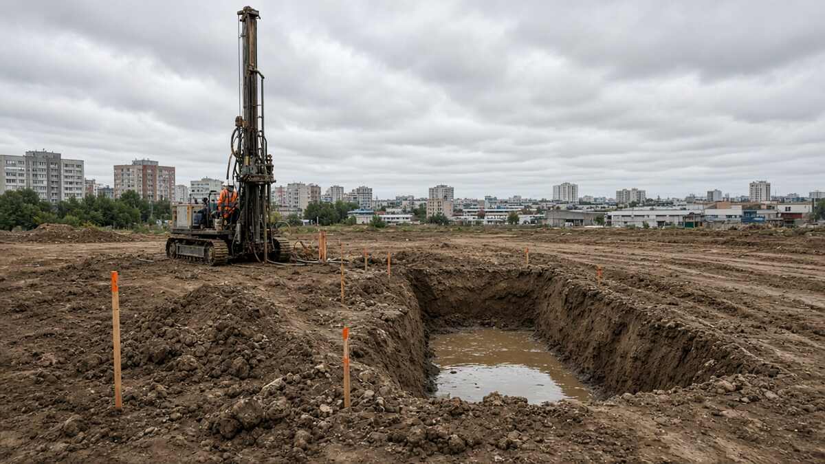 Буровая установка и шурф с водой на участке перед проектированием фундамента