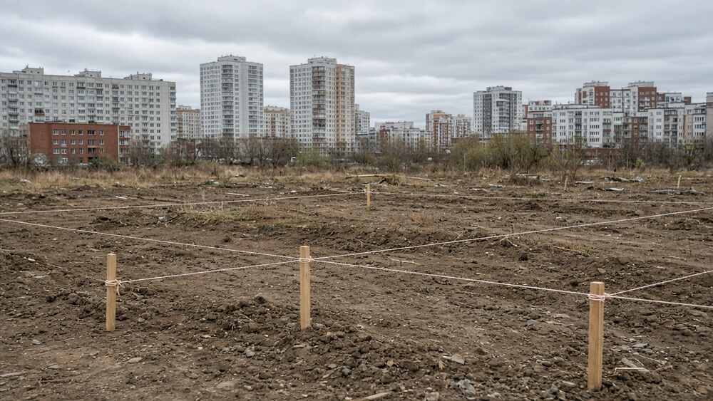 Колышки и шнур отмечают линию застройки на пустом участке