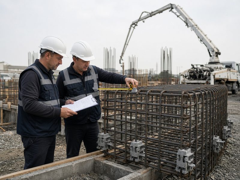 Два инженера измеряют защитный слой арматуры до подачи бетона