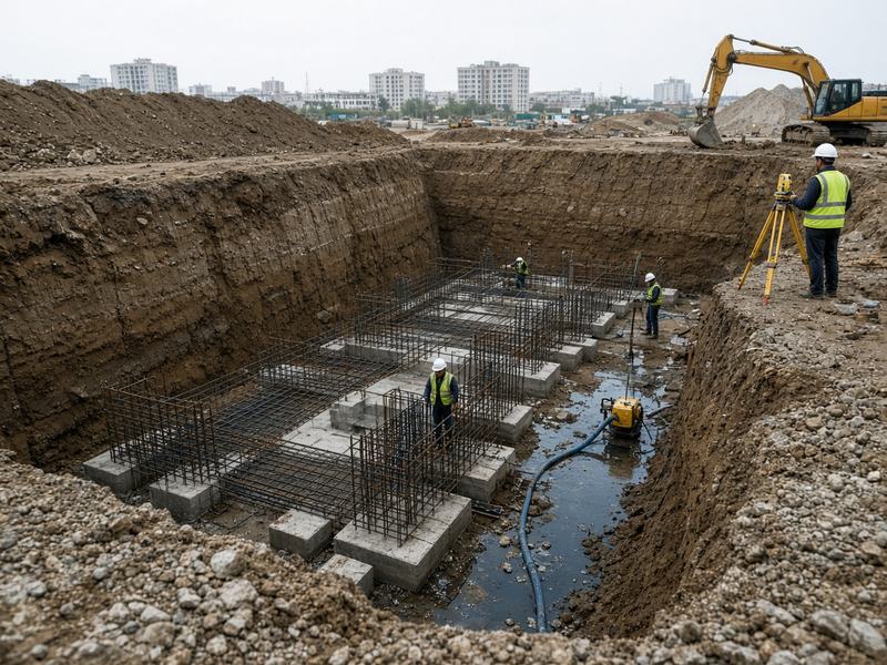 Котлован крупного объекта: арматурные каркасы, водоотлив и геодезист у бровки