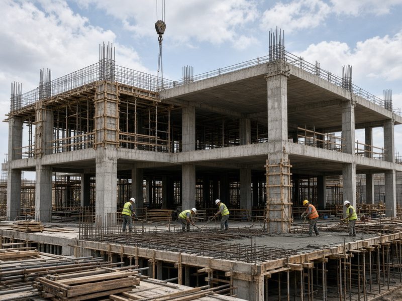 Монолитный каркас крупного здания: колонны, плита перекрытия и арматура
