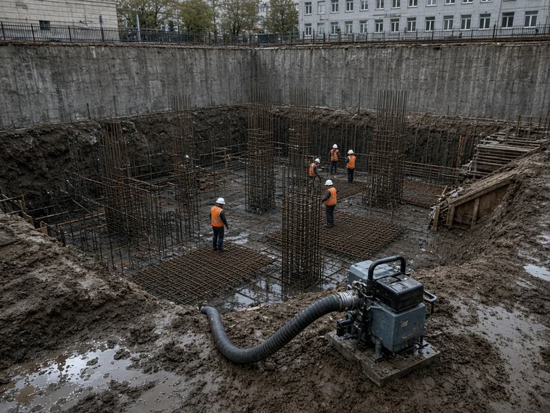 Котлован общественного здания: арматура плиты и водопонижение у бровки