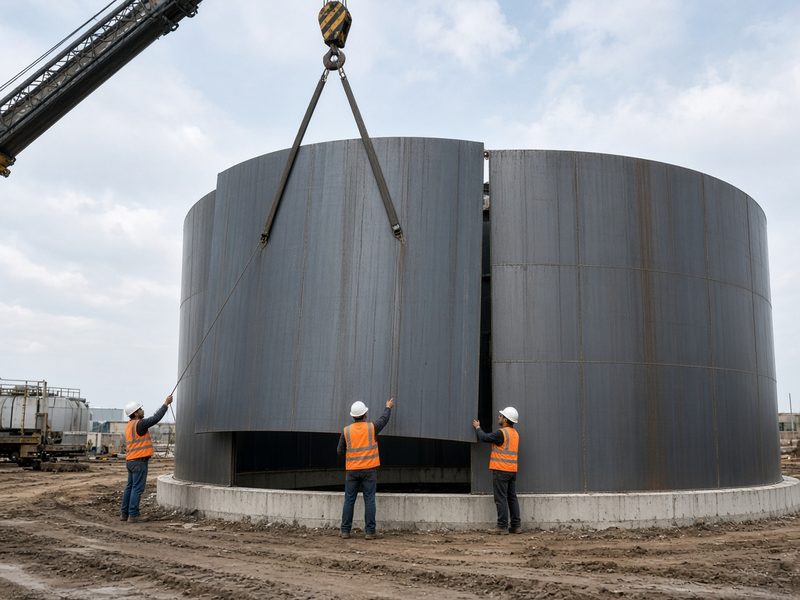 Кран подаёт лист стенки резервуара на кольцевой фундамент