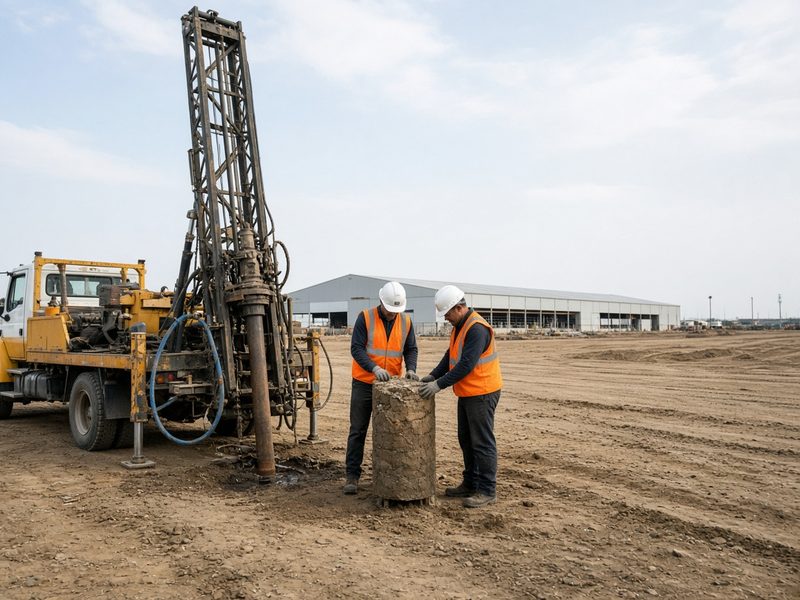 Буровая установка берёт пробу грунта на площадке склада