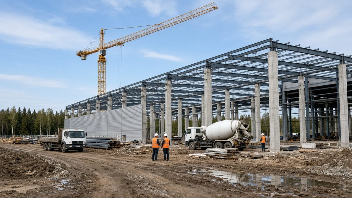 Строительство зданий под ключ: каркас склада, кран и рабочие на площадке
