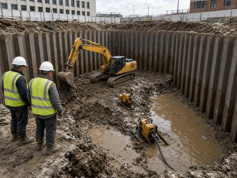 Котлован здания с экскаватором, шпунтом и откачкой воды