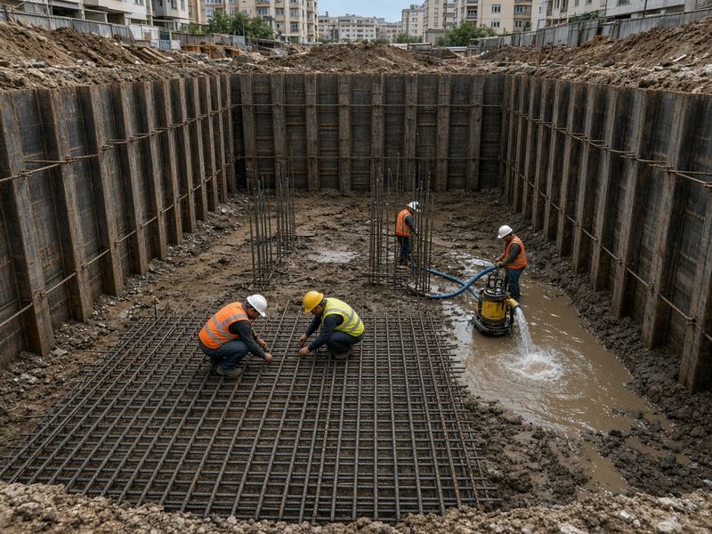 Котлован жилого дома с водопонижением и арматурой фундаментной плиты