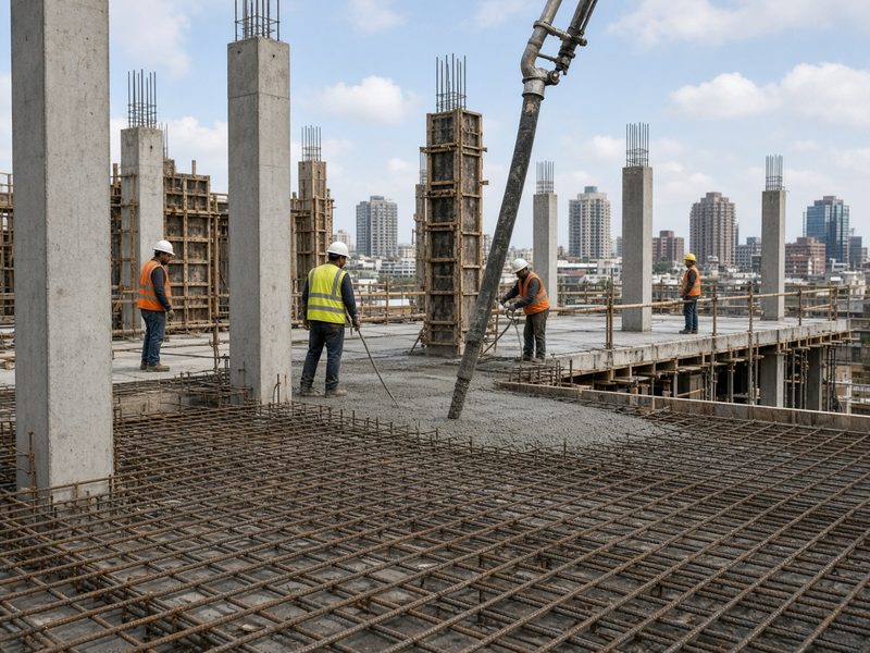 Бетонирование плиты перекрытия жилого дома, опалубка и арматурная сетка
