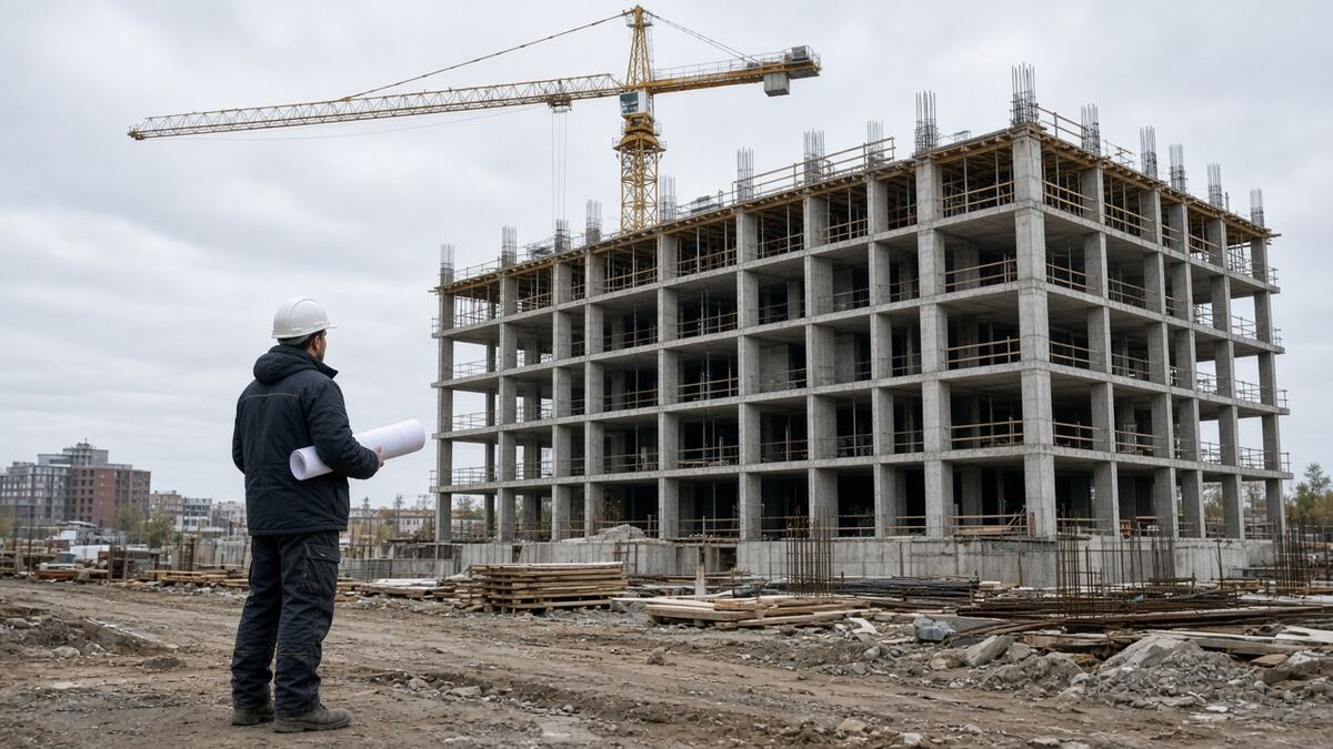 Технический заказчик с чертежами у каркаса здания на площадке