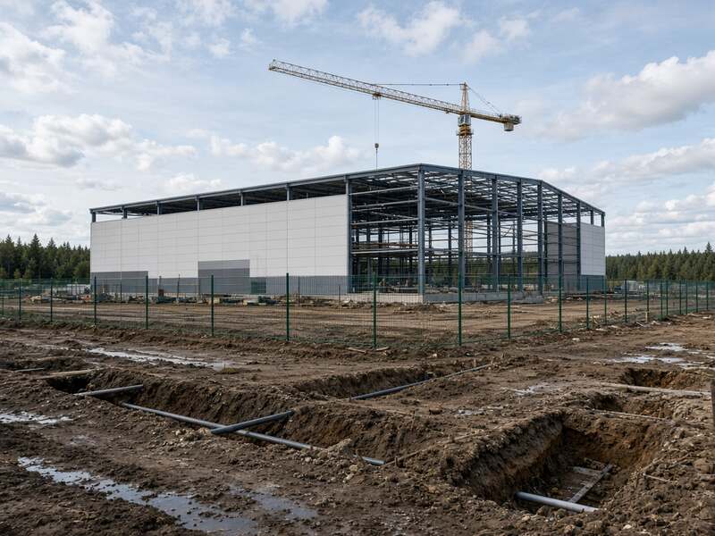 Каркас склада на стройке, панели стен и кран внутри ограждения